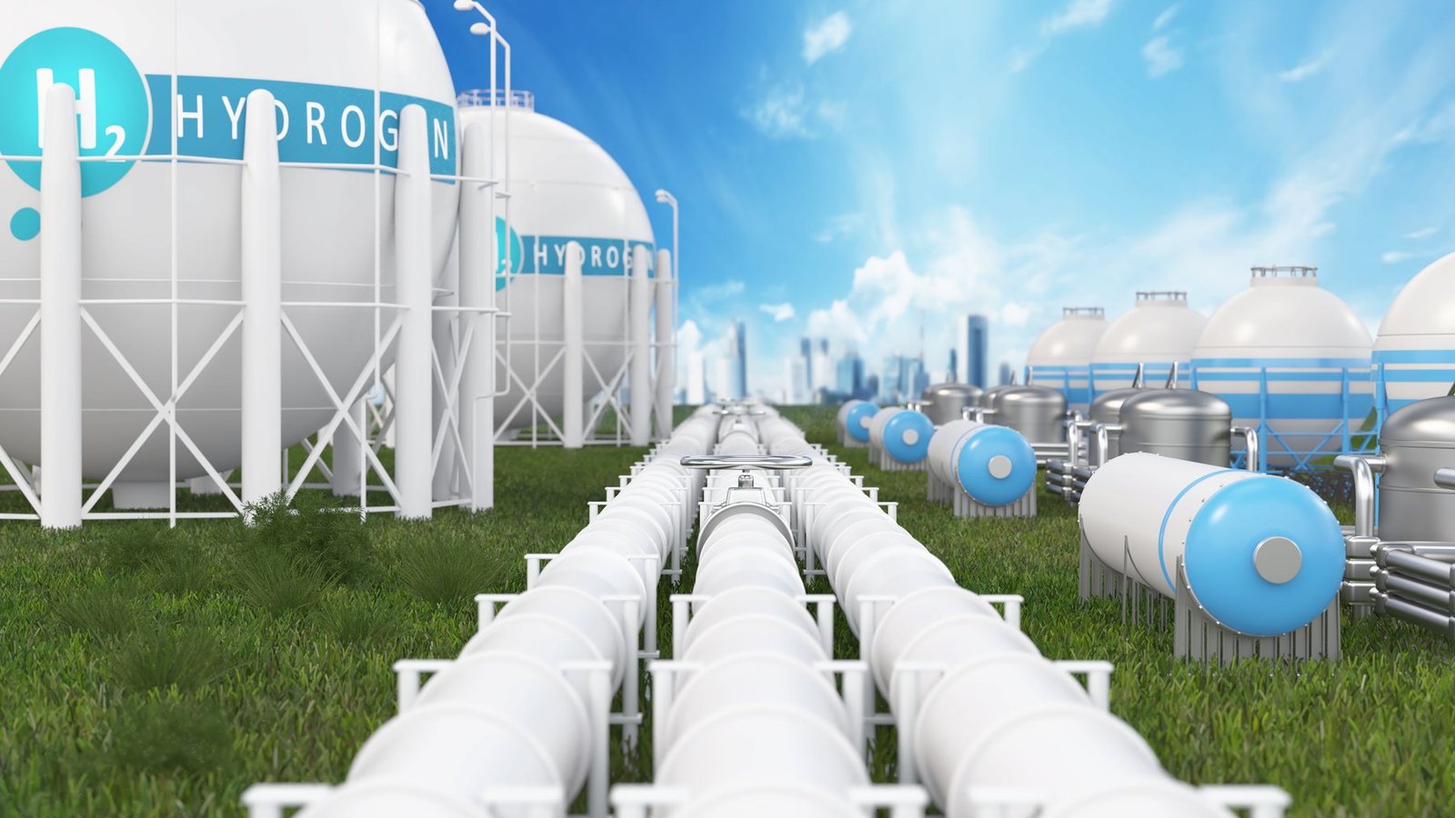 Hydrogen storage facility with tanks and pipelines in a modern industrial setting