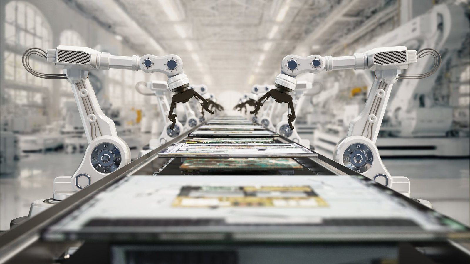 Advanced robotics operating on a high-tech electronics assembly line
